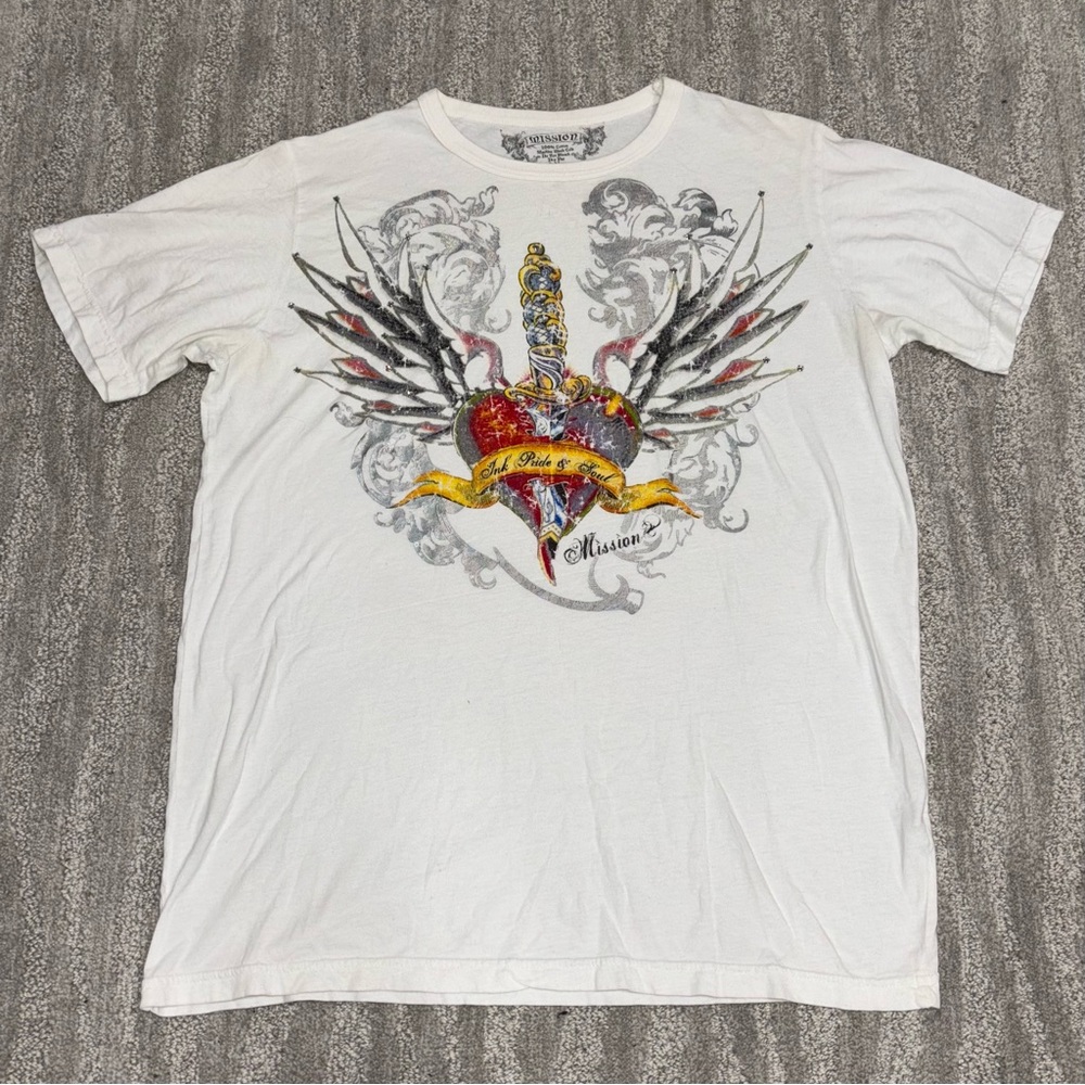 Mission Y2K Graphic Short Sleeve T-Shirt Embellished Cotton Tattoo Men’s Sz L